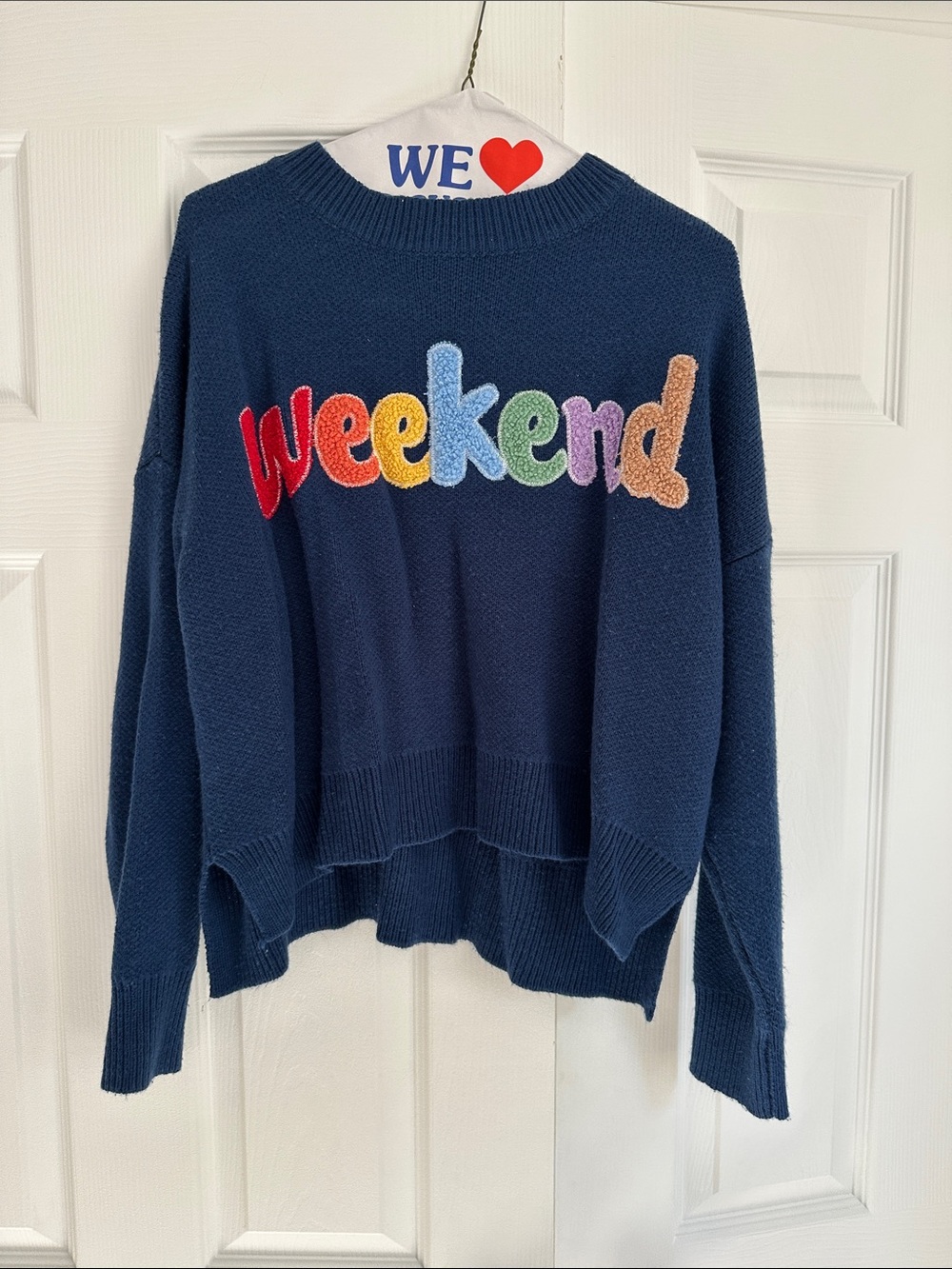 debut Navy Crewneck Sweater with Multicolor 'weekend' Appliqué
